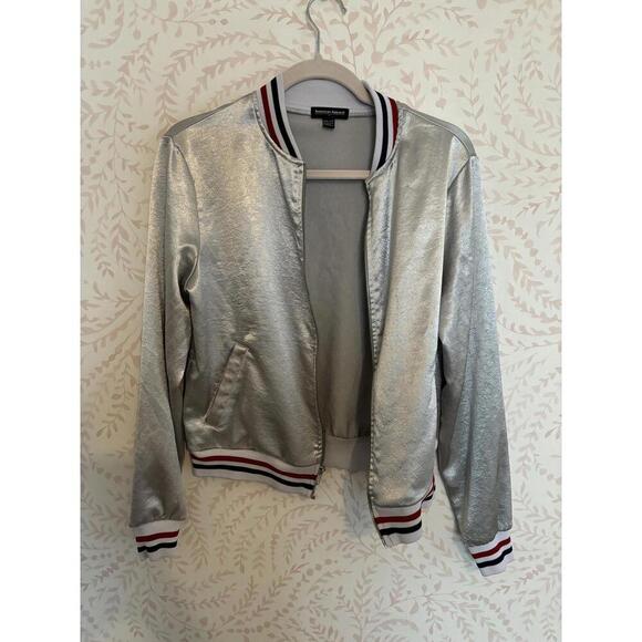 Y2K Unisex American Apparel Silver Metallic Bomber Jacket - Picture 1 of 9